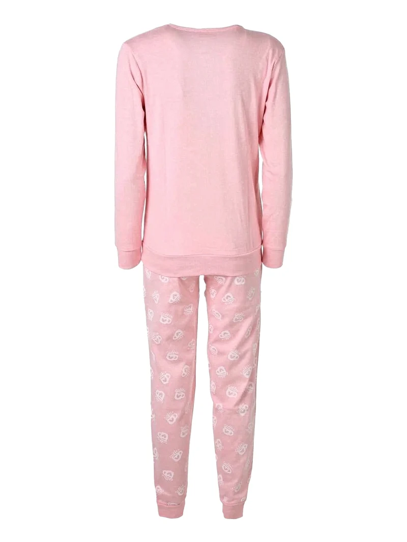 Pigiama lungo da donna in cotone interlock con pantaloni stampati - cipria