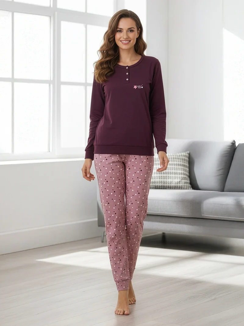 Pigiama donna in cotone interlock con pantaloni a stampa stelle - bordeaux