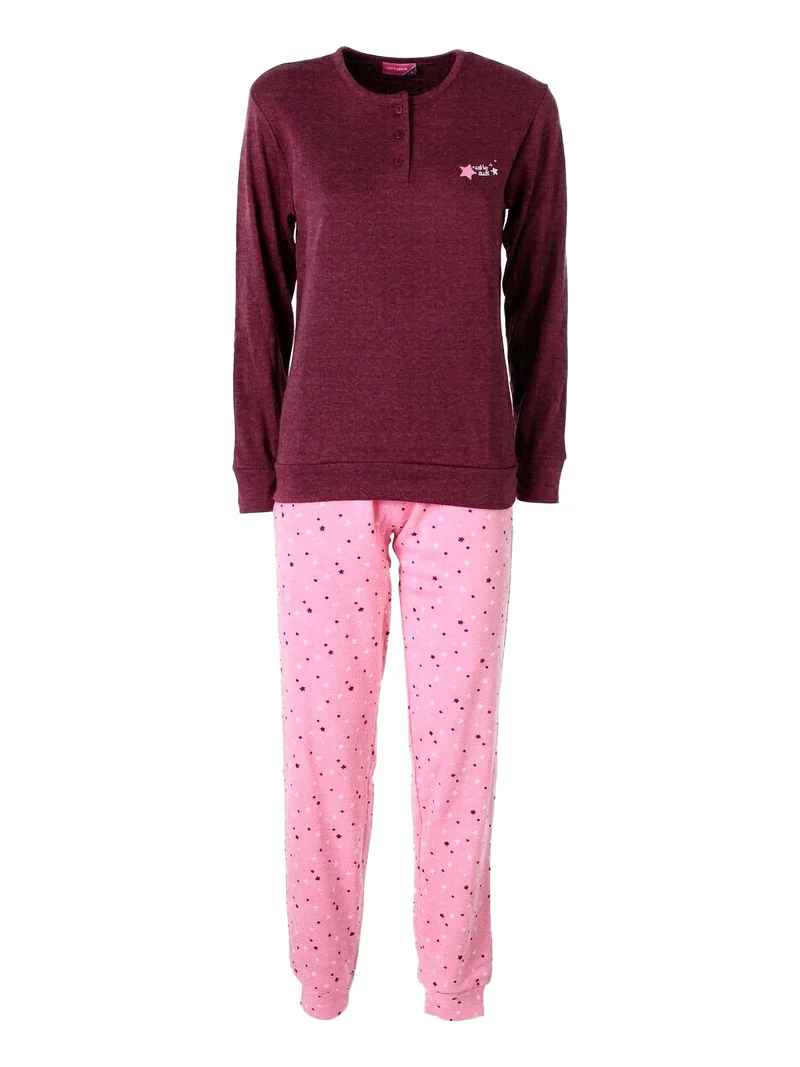 Pigiama donna in cotone interlock con pantaloni a stampa stelle - bordeaux