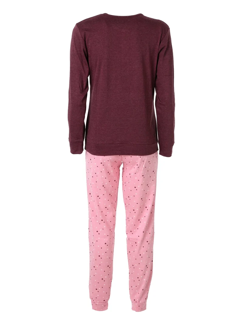 Pigiama donna in cotone interlock con pantaloni a stampa stelle - bordeaux