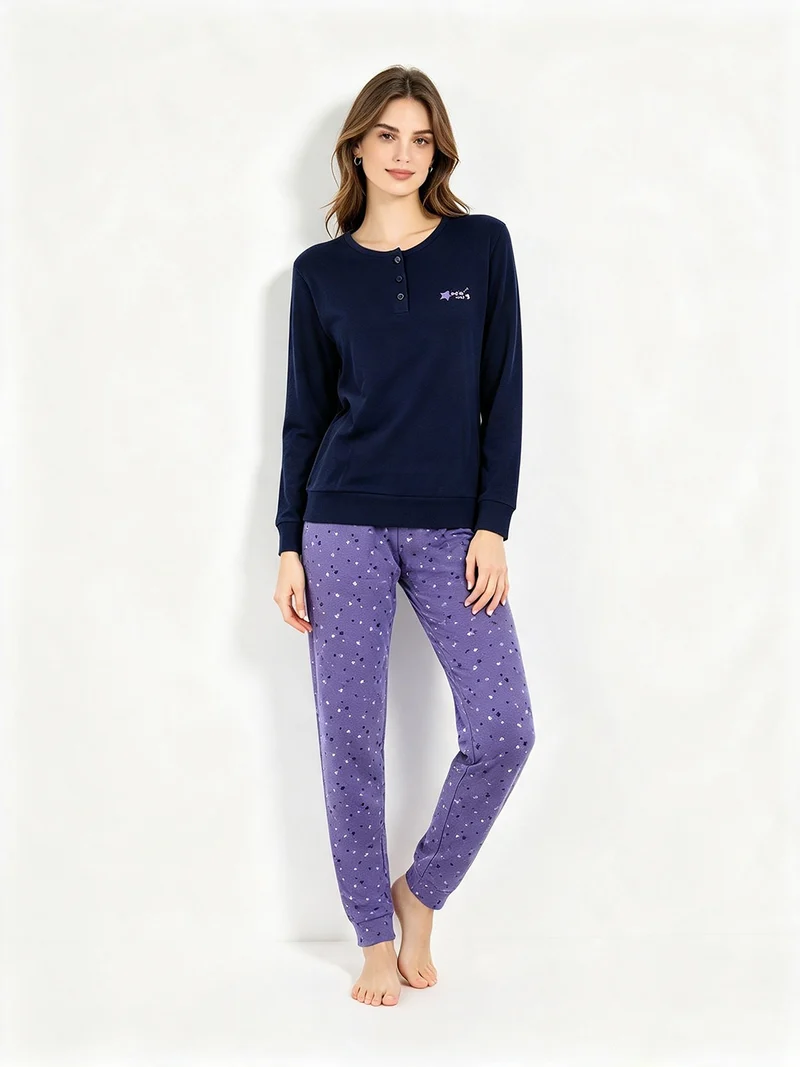Pigiama donna in cotone interlock con pantaloni a stampa stelle - blu scuro