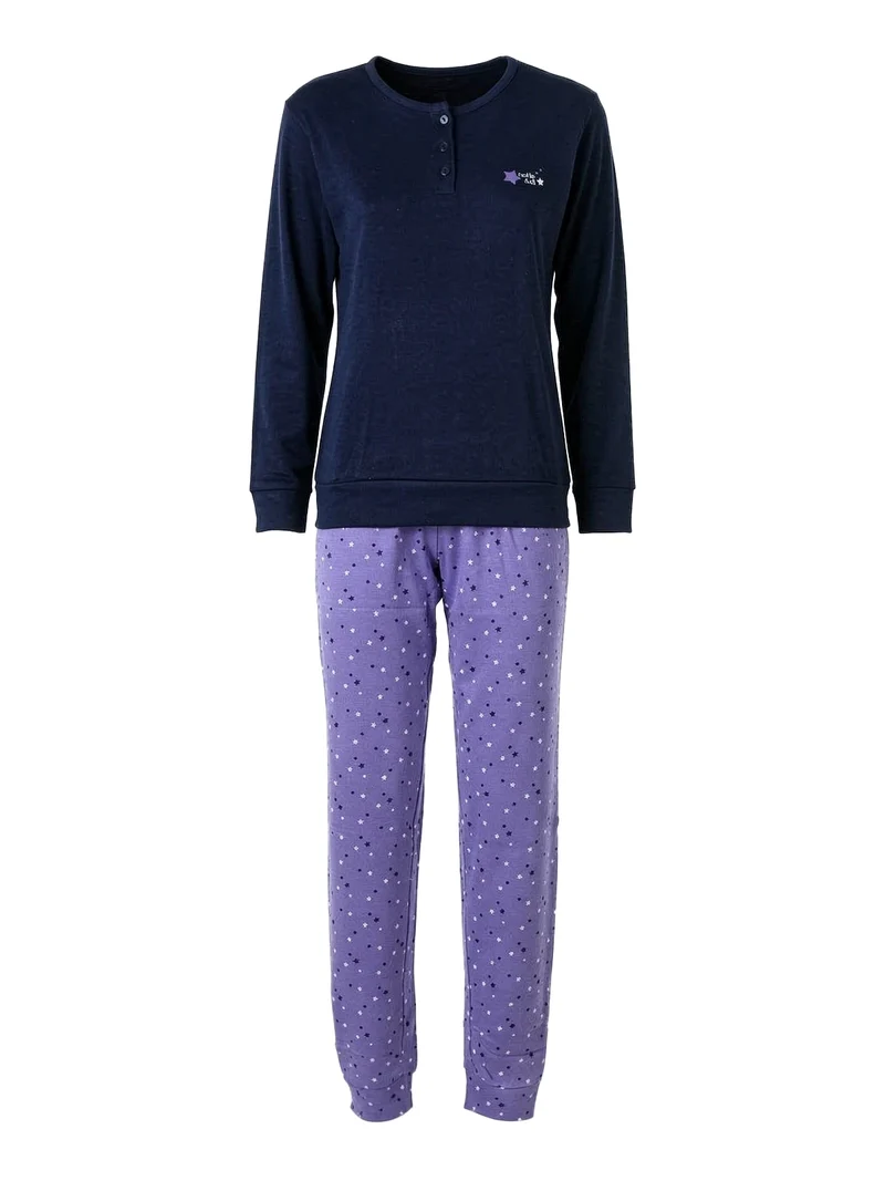 Pigiama donna in cotone interlock con pantaloni a stampa stelle - blu scuro