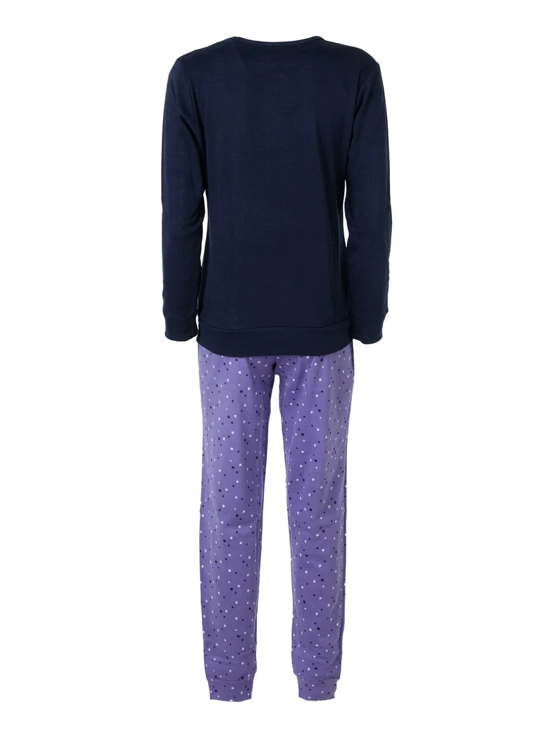 Pigiama donna in cotone interlock con pantaloni a stampa stelle - blu scuro