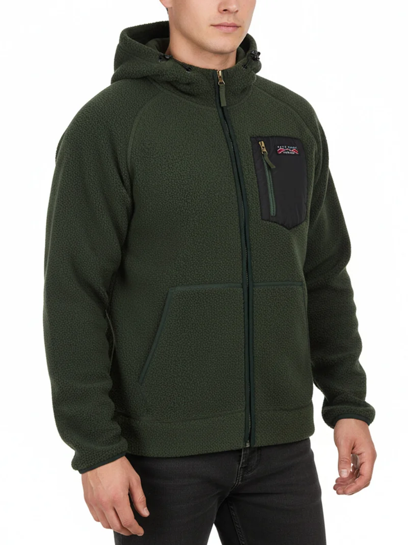Felpa teddy in pile da uomo con cappuccio e zip - militare
