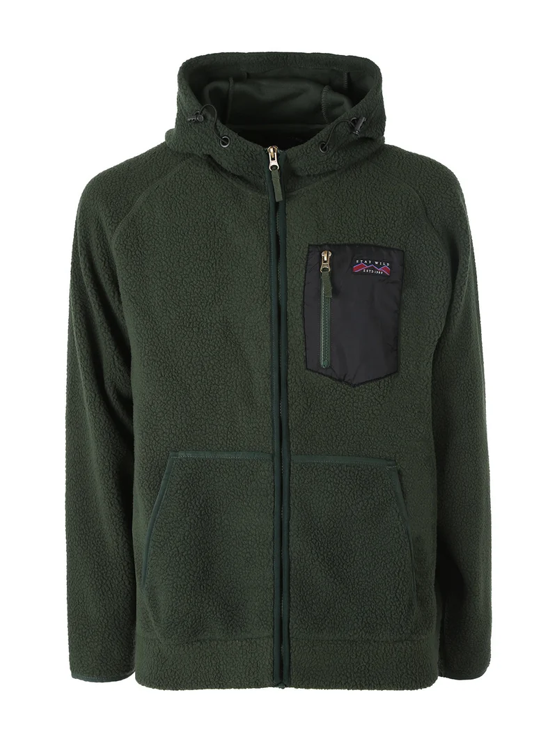 Felpa teddy in pile da uomo con cappuccio e zip - militare