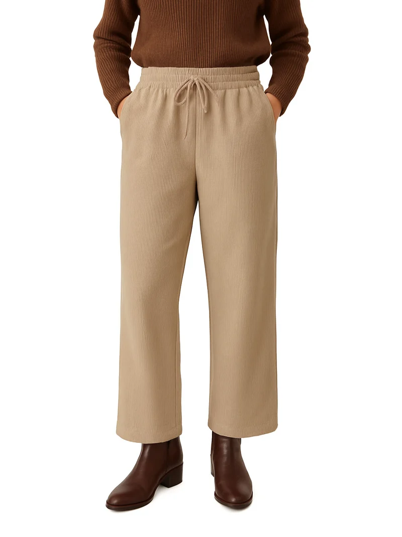 Pantaloni donna in velluto a coste con coulisse - beige