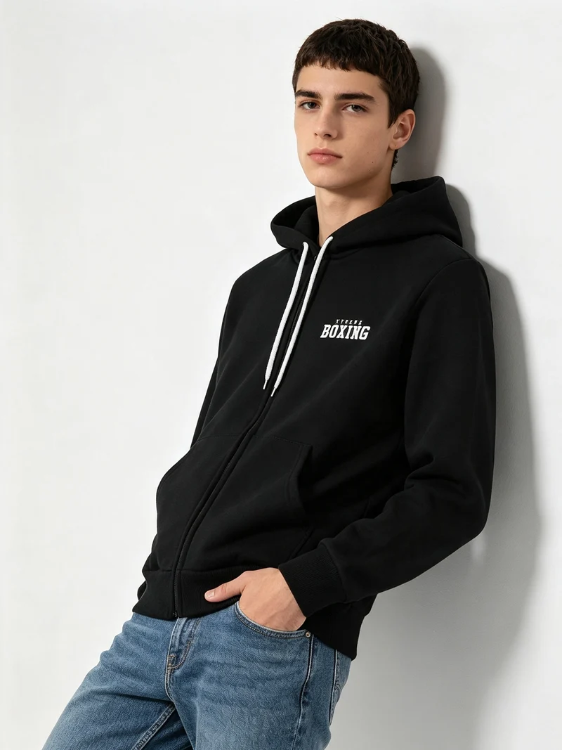 Felpa pesante da uomo con cappuccio e zip - nero