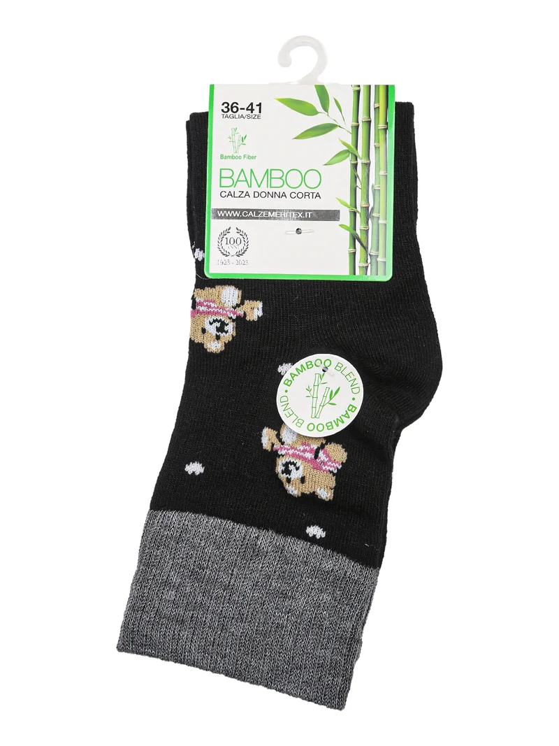 Calze corte da donna in fibra di bamboo con stampa orsacchiotti - nero