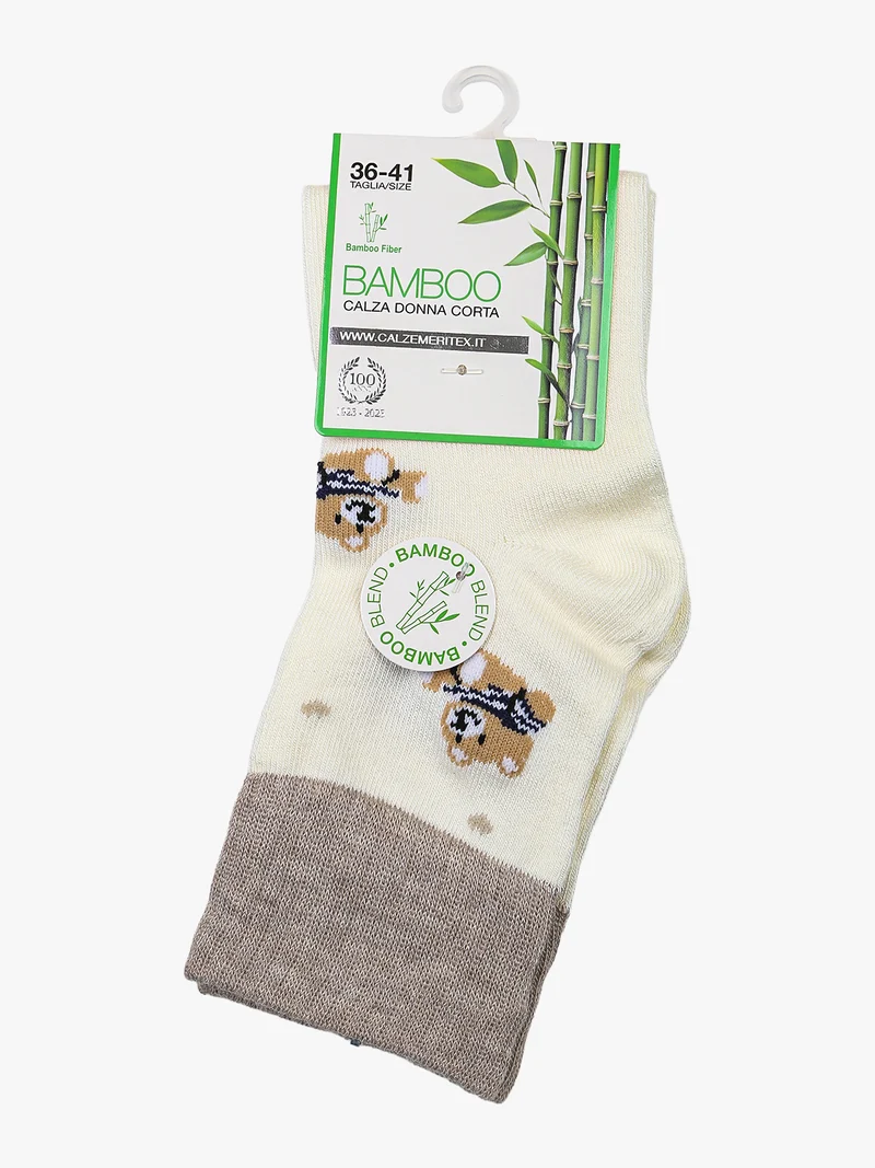Calze corte da donna in fibra di bamboo con stampa orsacchiotti - panna