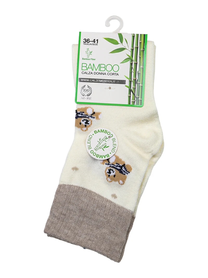 Calze corte da donna in fibra di bamboo con stampa orsacchiotti - panna