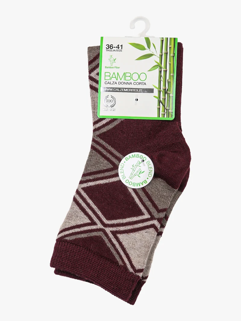 Calze corte donna in fibra di bamboo con stampa geometrica - bordeaux