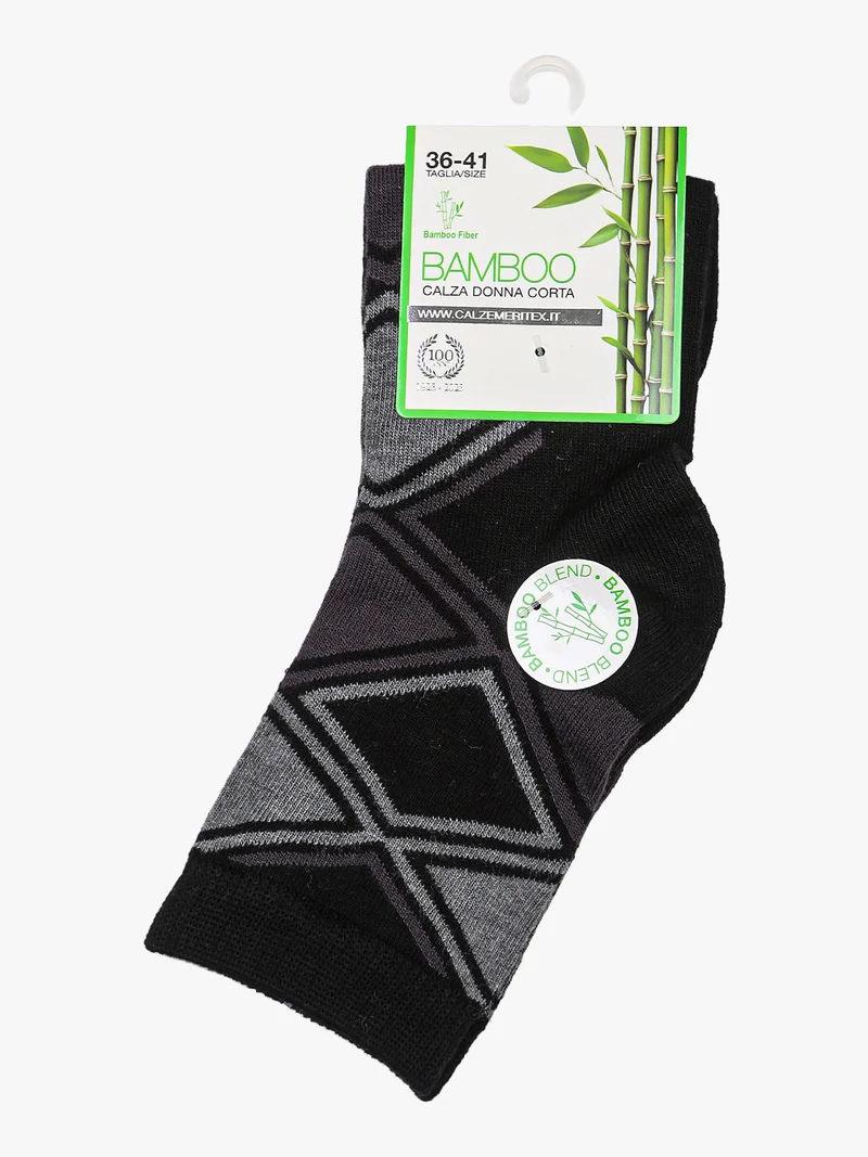 Calze corte donna in fibra di bamboo con stampa geometrica - nero