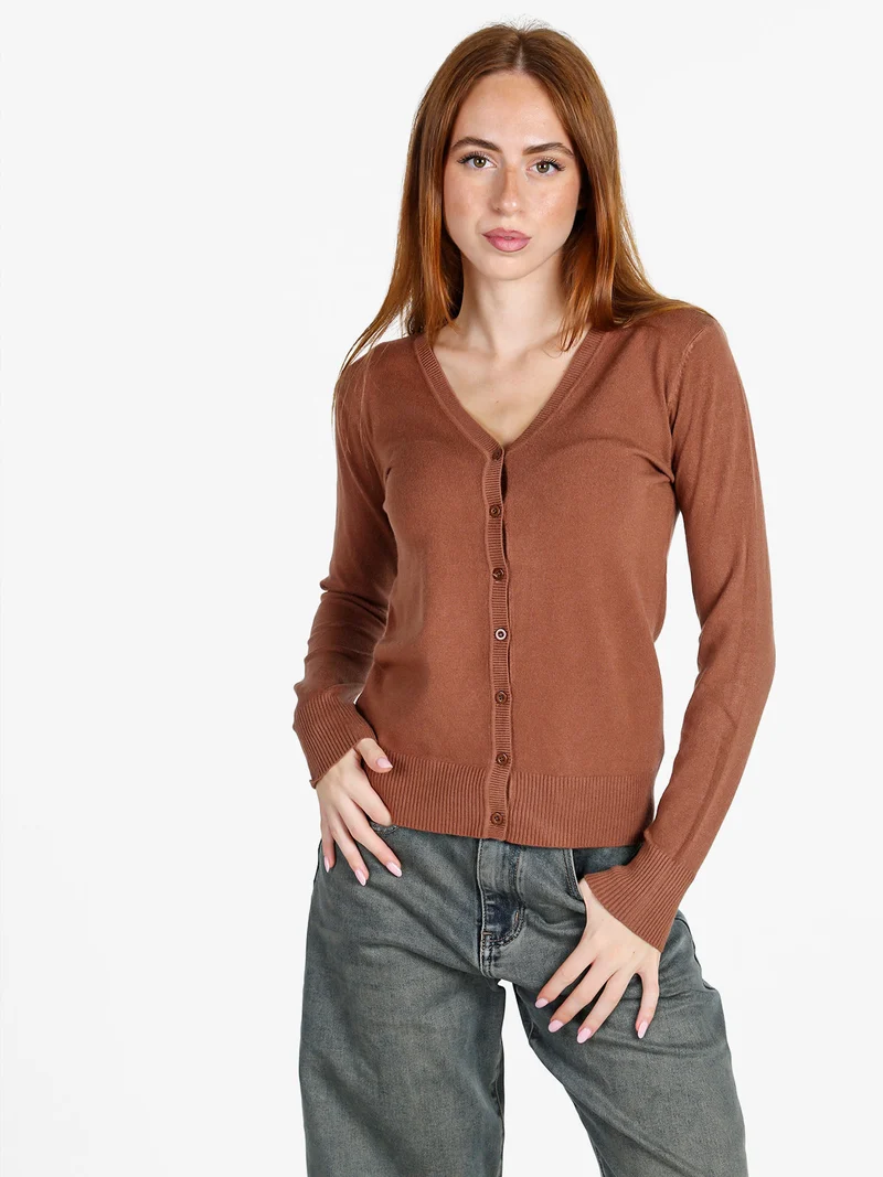 Cardigan donna in maglia con bottoni - cuoio