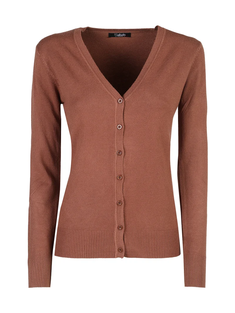 Cardigan donna in maglia con bottoni - cuoio