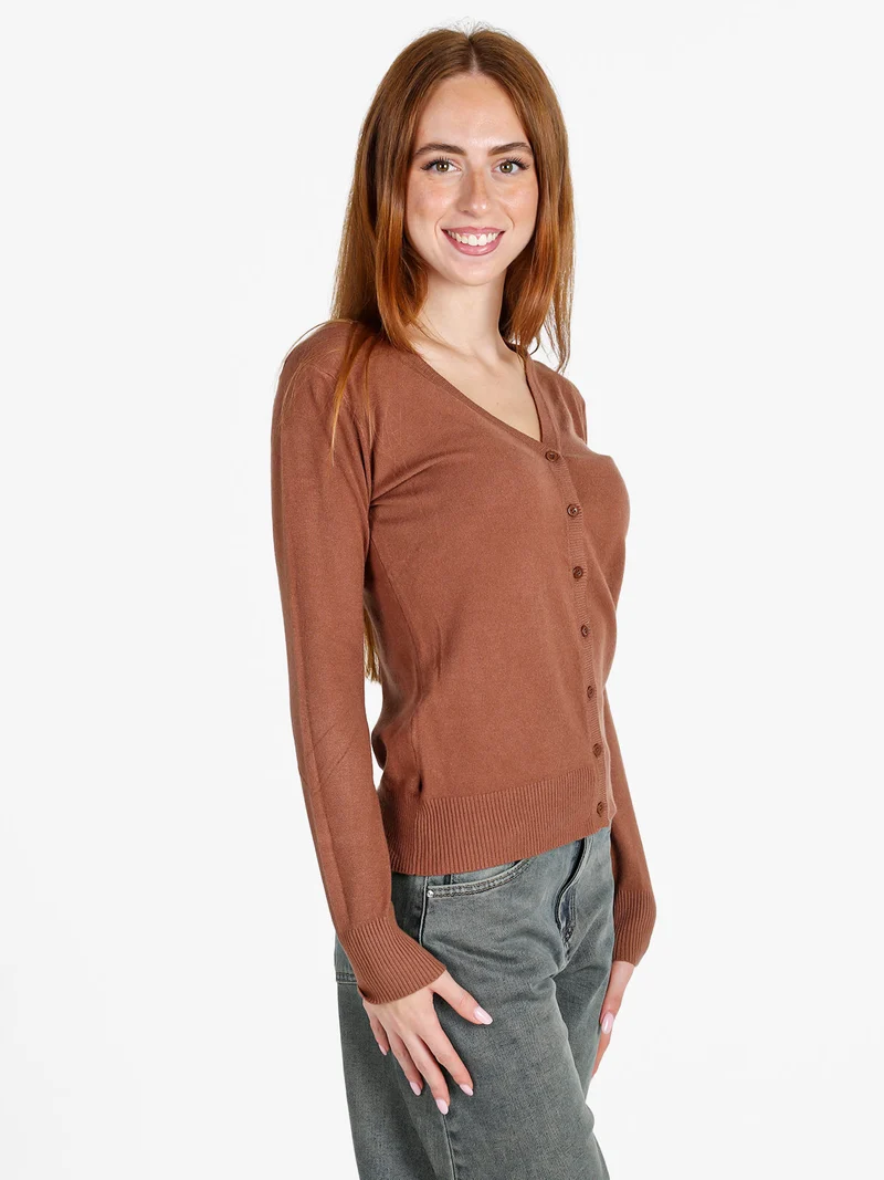 Cardigan donna in maglia con bottoni - cuoio