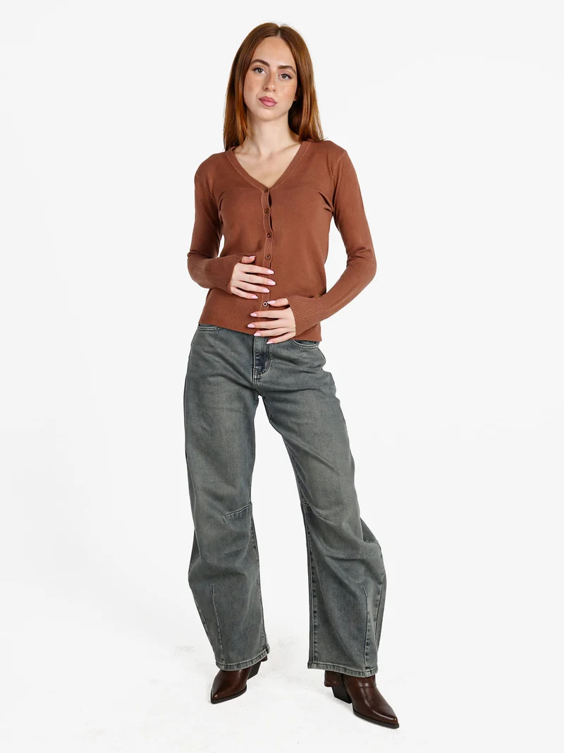 Cardigan donna in maglia con bottoni - cuoio