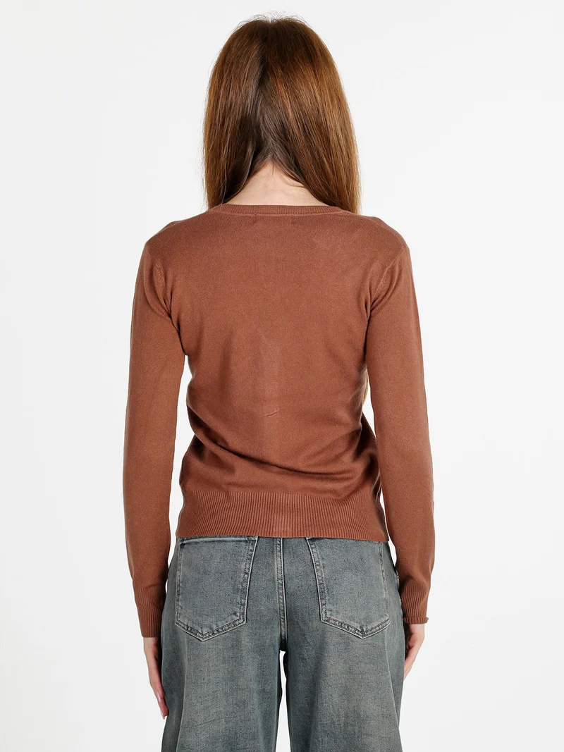 Cardigan donna in maglia con bottoni - cuoio