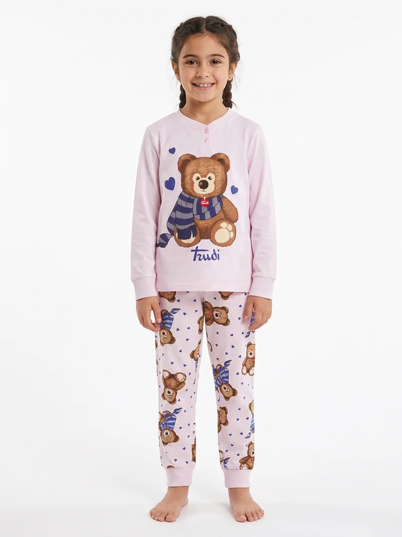 Pigiama lungo da bambina in cotone interlock con stampa cuori - rosa