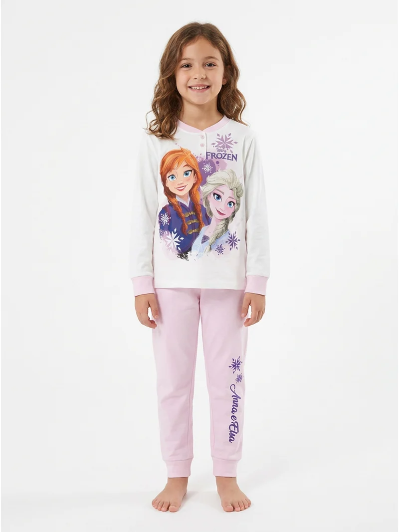 Frozen pigiama lungo da bambina in cotone interlock con stampe - rosa