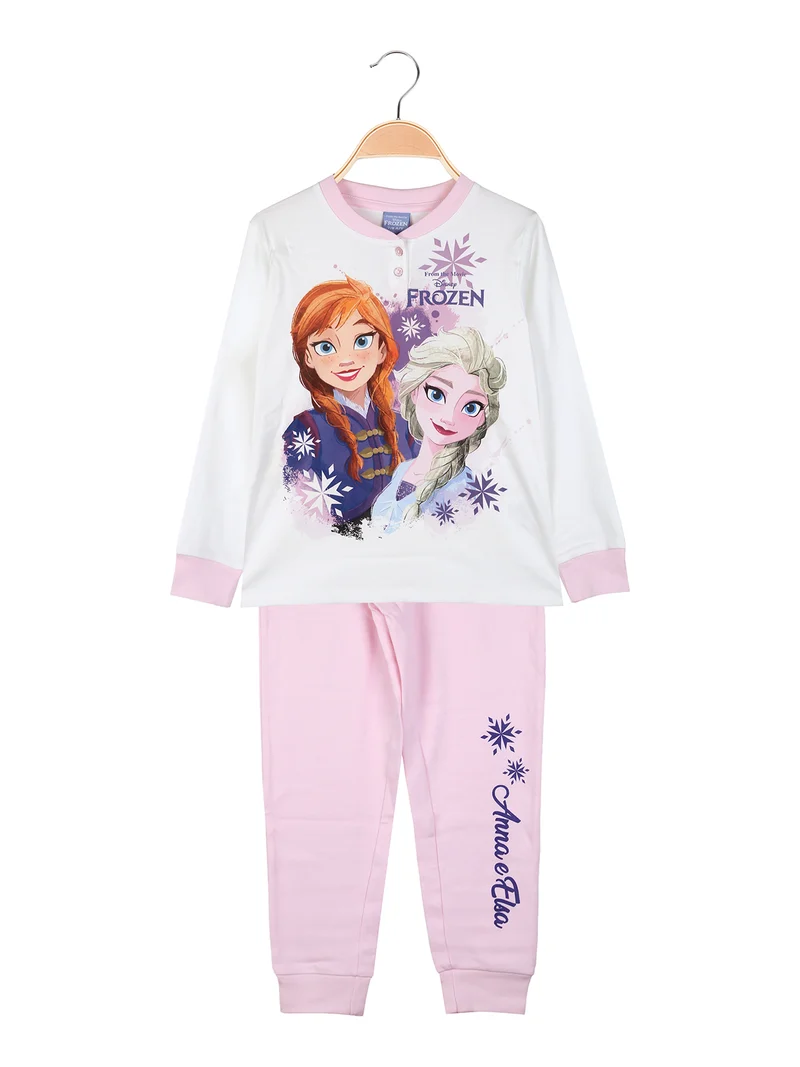 Frozen pigiama lungo da bambina in cotone interlock con stampe - rosa