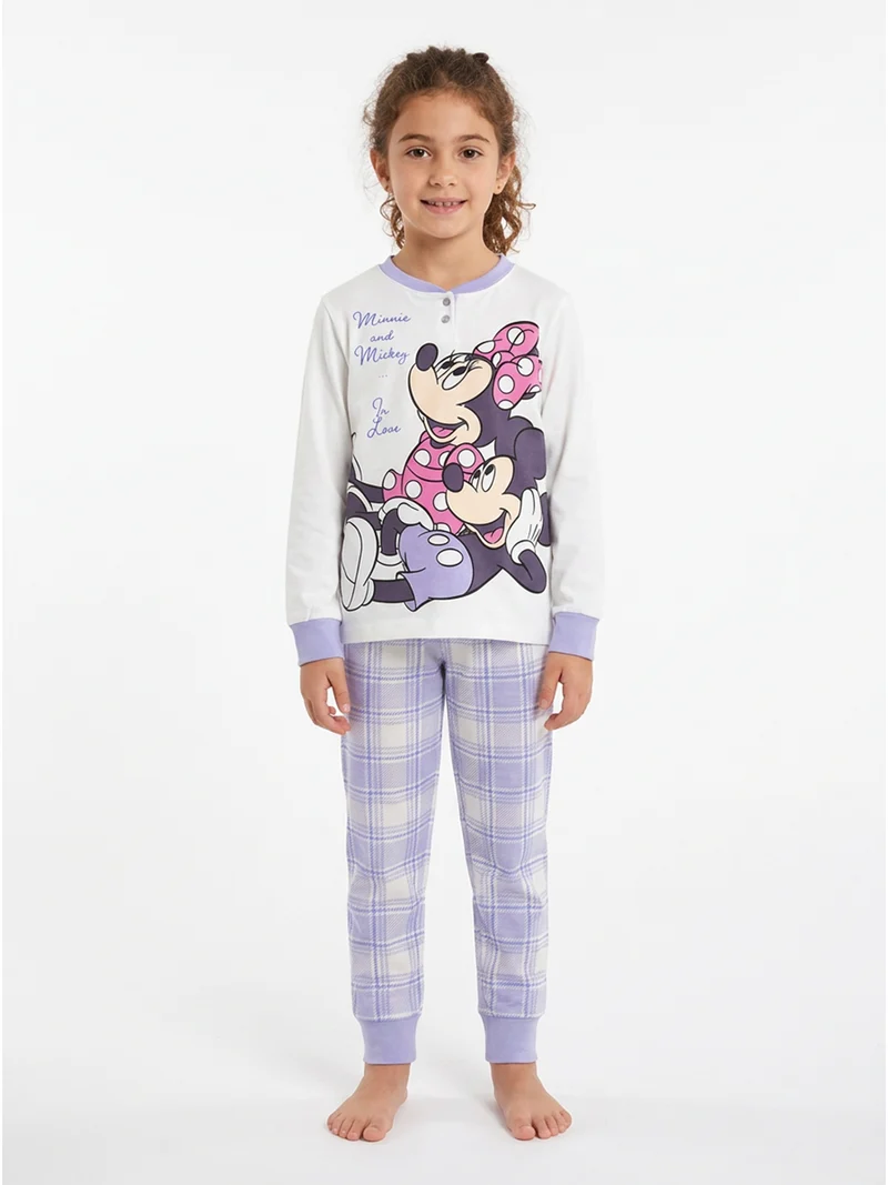 Minnie pigiama lungo da bambina in cotone interlock con pantaloni a quadri - panna