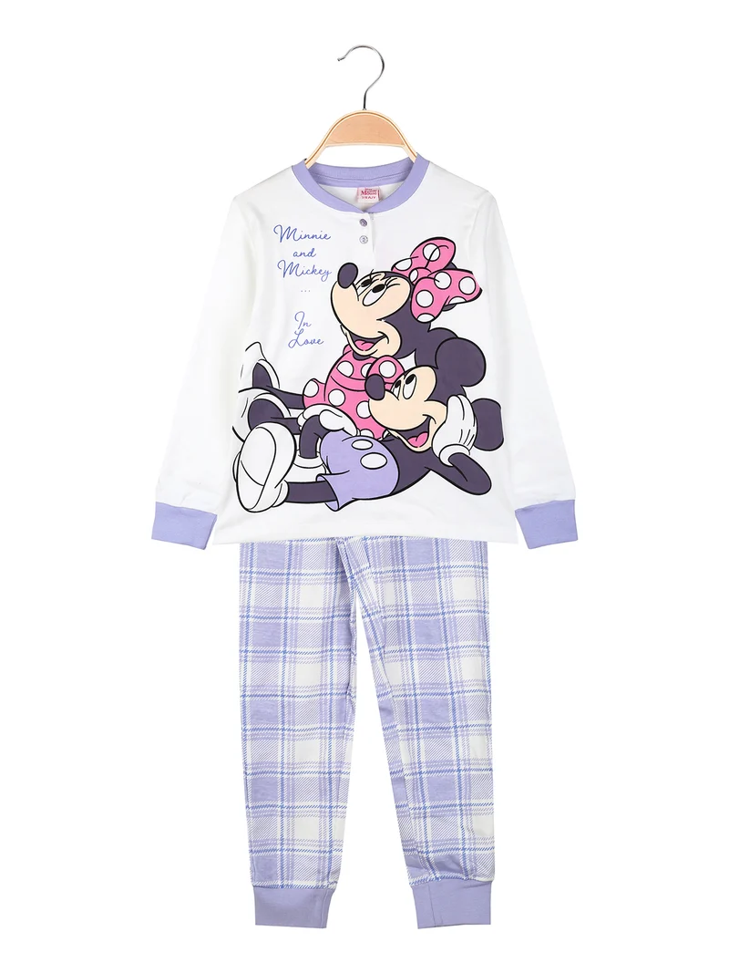 Minnie pigiama lungo da bambina in cotone interlock con pantaloni a quadri - panna