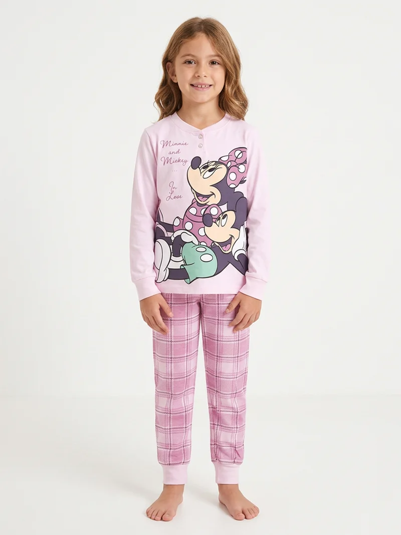 Minnie pigiama lungo da bambina in cotone interlock con pantaloni a quadri - rosa