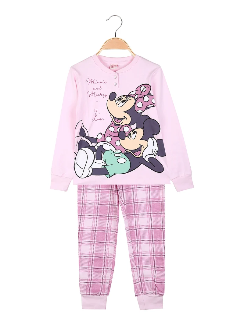 Minnie pigiama lungo da bambina in cotone interlock con pantaloni a quadri - rosa