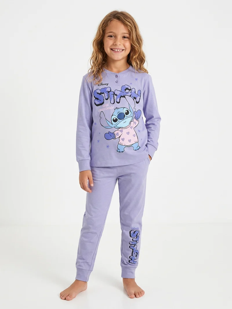Stitch pigiama lungo da bambina in cotone interlock con stampe - lilla