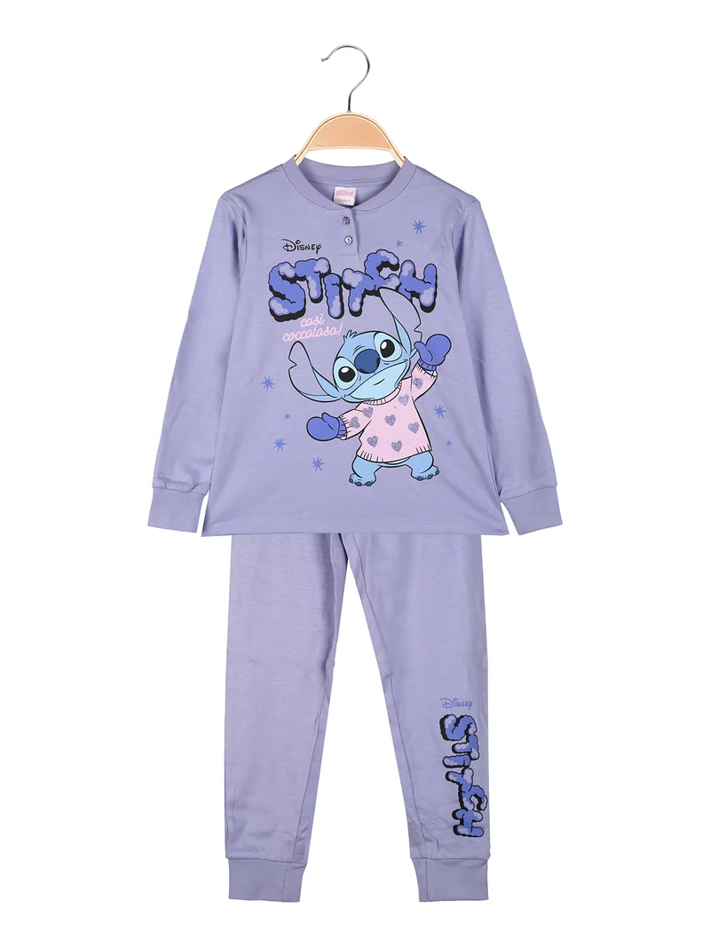 Stitch pigiama lungo da bambina in cotone interlock con stampe - lilla