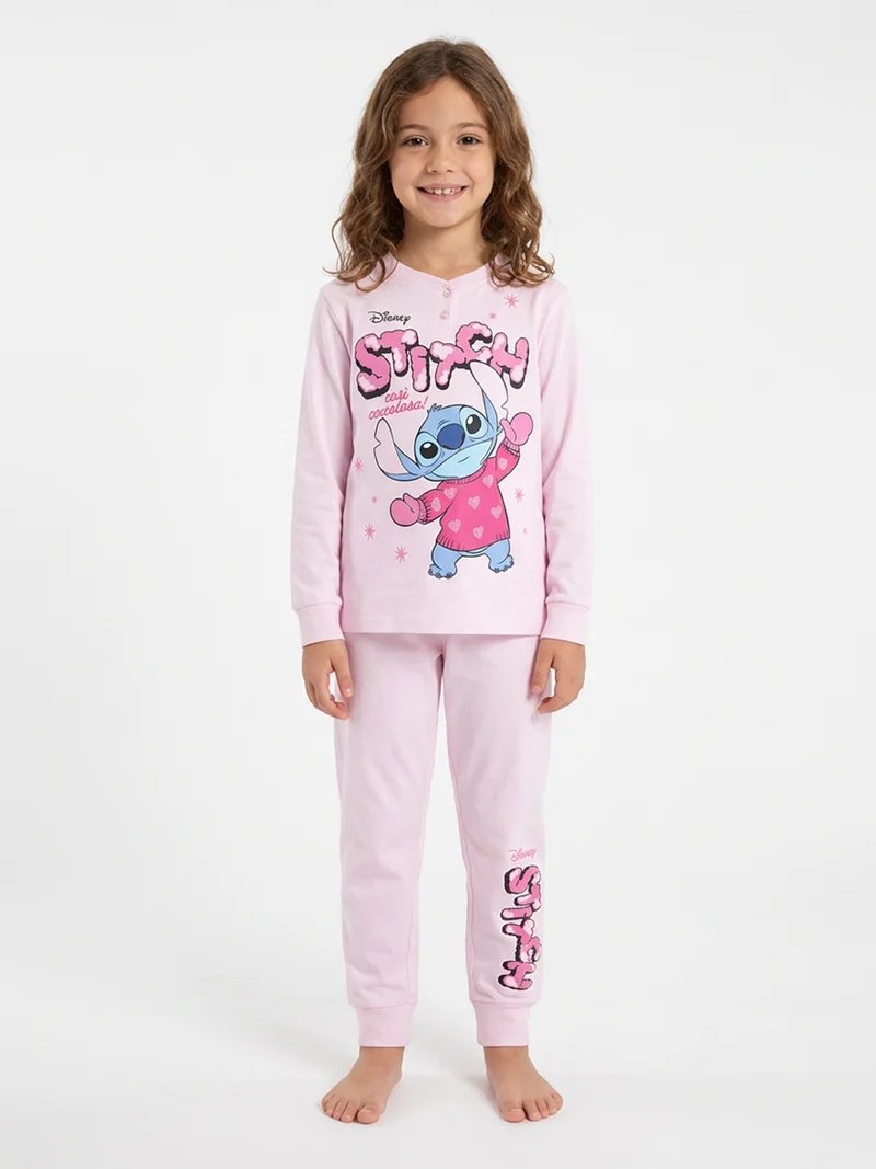 Stitch pigiama lungo da bambina in cotone interlock con stampe - rosa