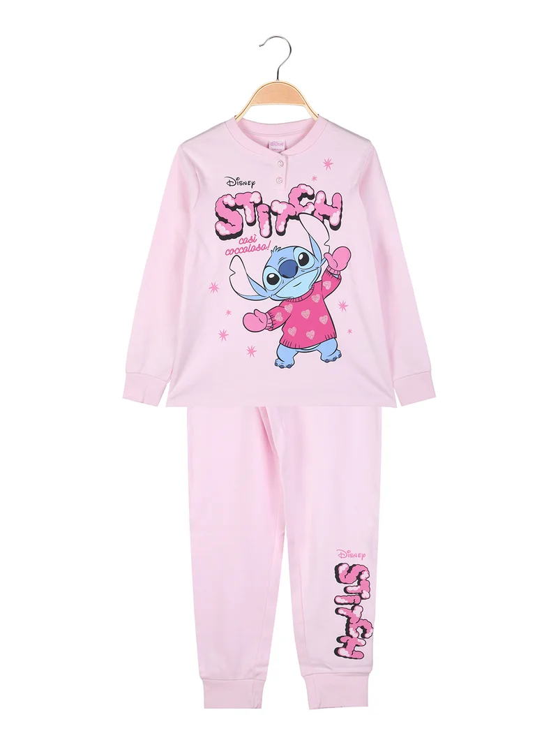 Stitch pigiama lungo da bambina in cotone interlock con stampe - rosa