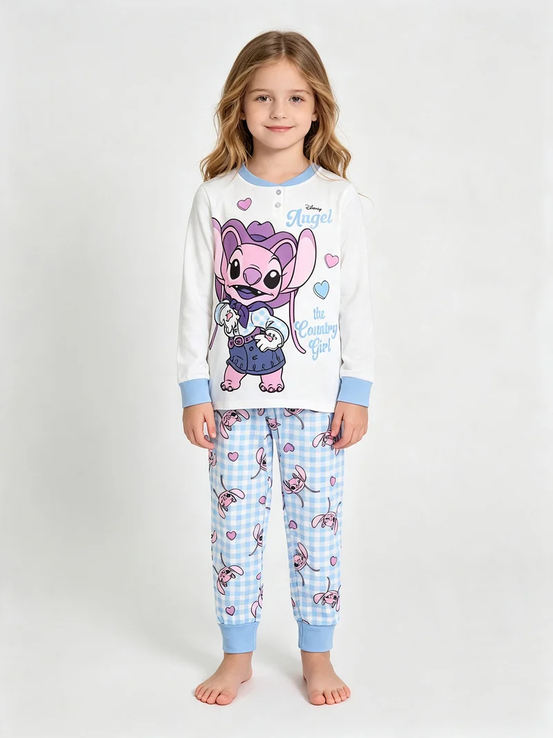Stitch pigiama lungo da bambina in cotone interlock con pantaloni a quadri - panna