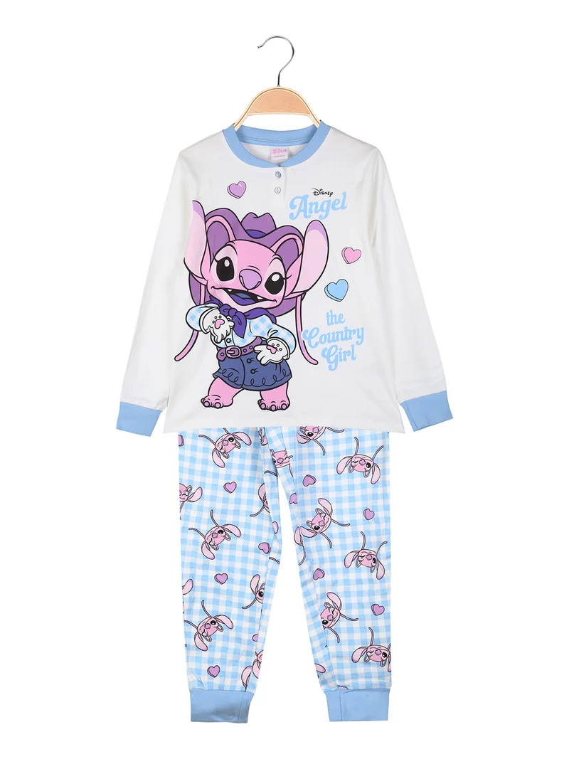 Stitch pigiama lungo da bambina in cotone interlock con pantaloni a quadri - panna
