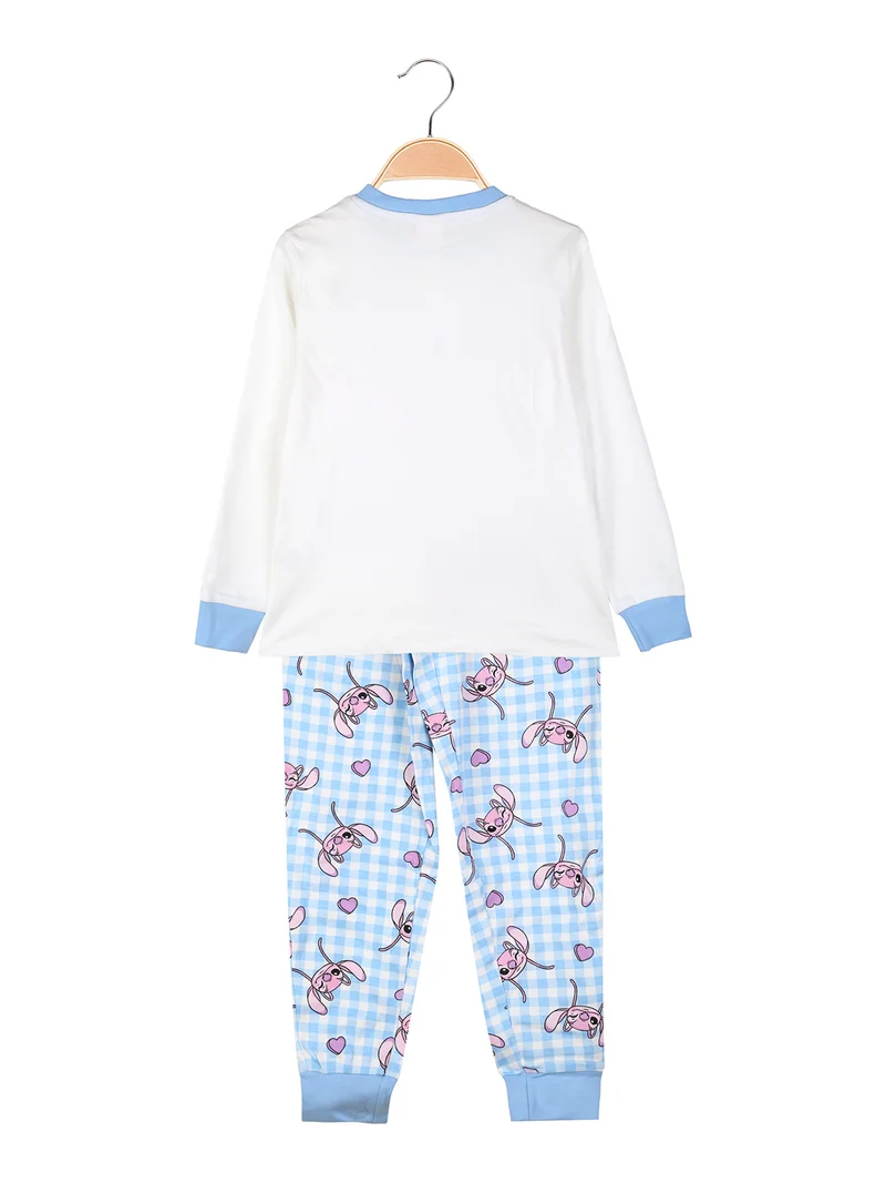 Stitch pigiama lungo da bambina in cotone interlock con pantaloni a quadri - panna
