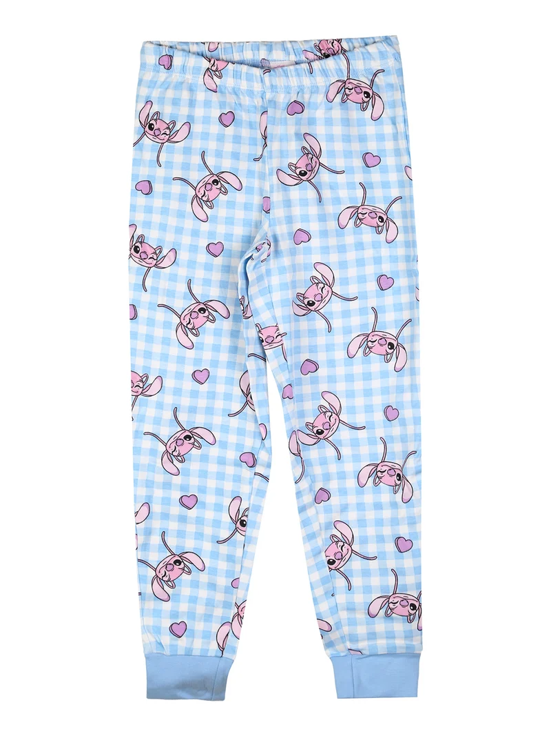 Stitch pigiama lungo da bambina in cotone interlock con pantaloni a quadri - panna