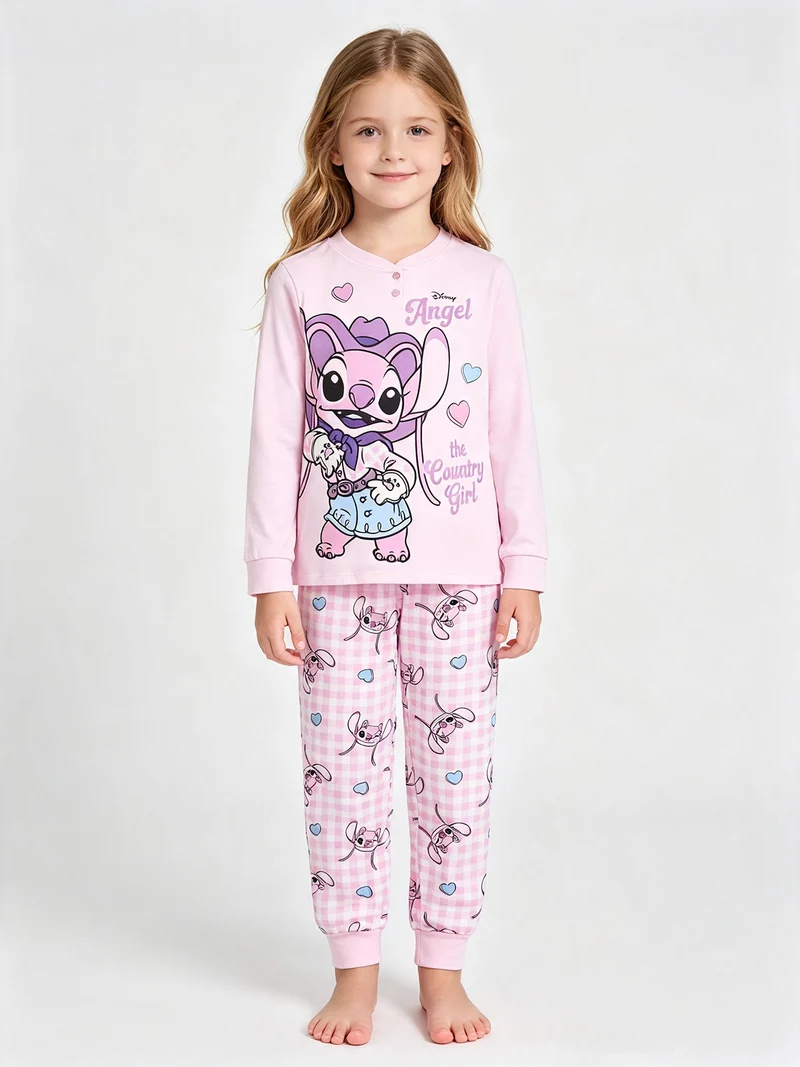 Stitch pigiama lungo da bambina in cotone interlock con pantaloni a quadri - rosa