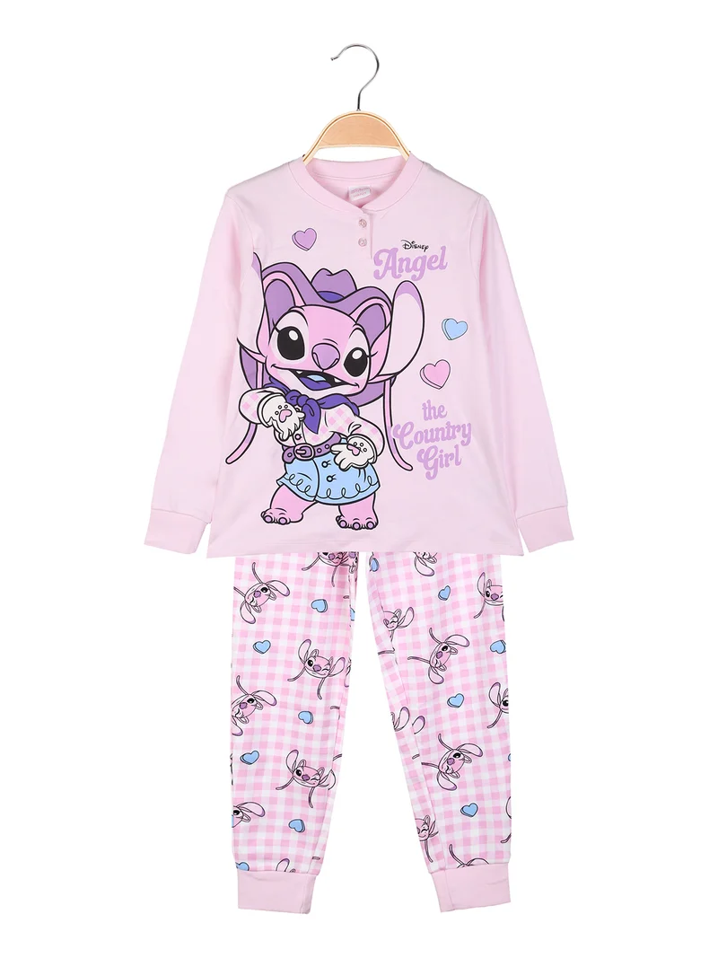Stitch pigiama lungo da bambina in cotone interlock con pantaloni a quadri - rosa
