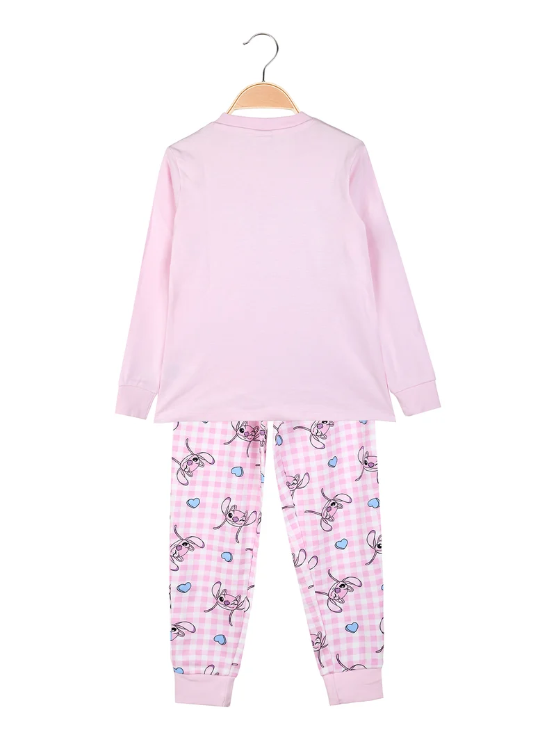 Stitch pigiama lungo da bambina in cotone interlock con pantaloni a quadri - rosa