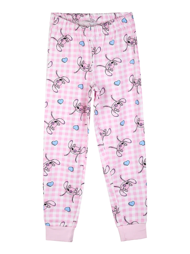 Stitch pigiama lungo da bambina in cotone interlock con pantaloni a quadri - rosa