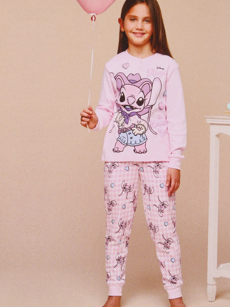 Stitch pigiama lungo da bambina in cotone interlock con pantaloni a quadri - rosa