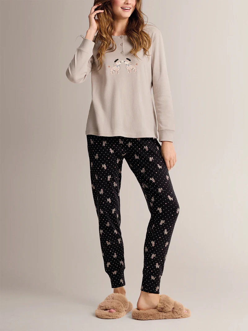 COLETTE Pigiama donna in cotone interlock con stampe disegni - sabbia
