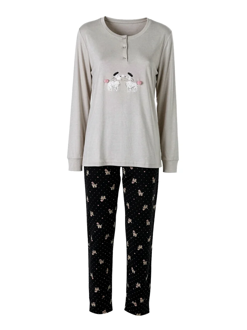 COLETTE Pigiama donna in cotone interlock con stampe disegni - sabbia