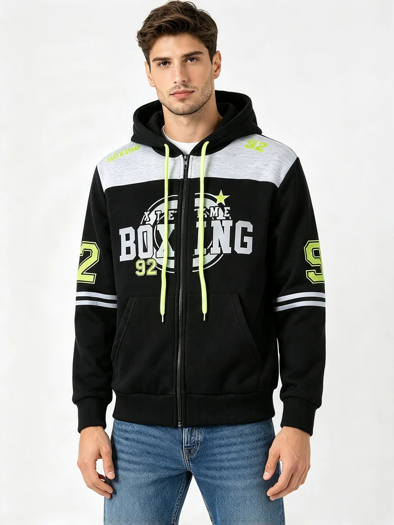 Felpa pesante da uomo con cappuccio e zip - nero
