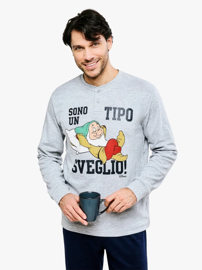 Pigiama lungo da uomo in cotone interlock con stampe - grigio