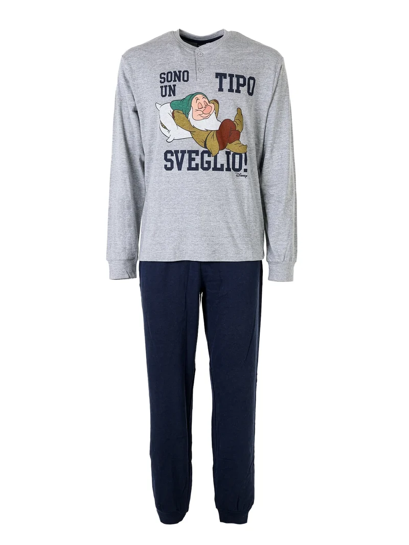 Pigiama lungo da uomo in cotone interlock con stampe - grigio