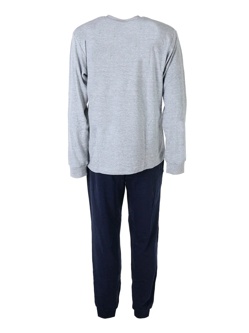 Pigiama lungo da uomo in cotone interlock con stampe - grigio