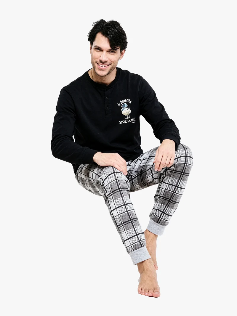 Pigiama lungo da uomo in cotone interlock con stampe - nero