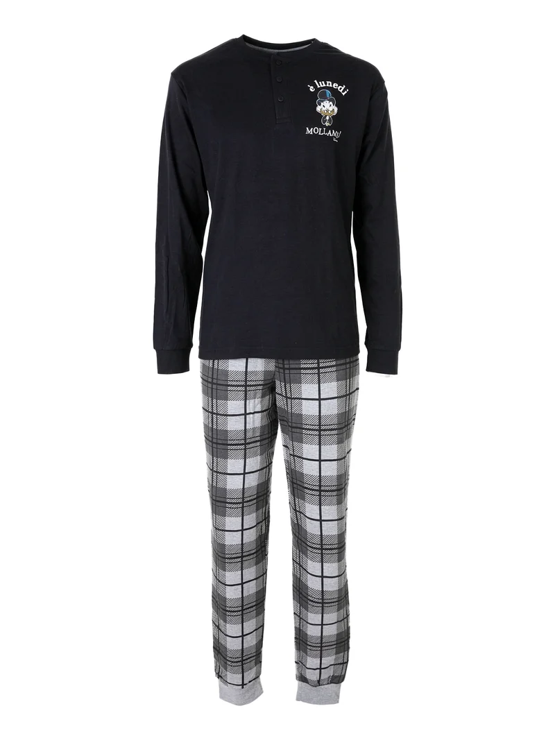 Pigiama lungo da uomo in cotone interlock con stampe - nero
