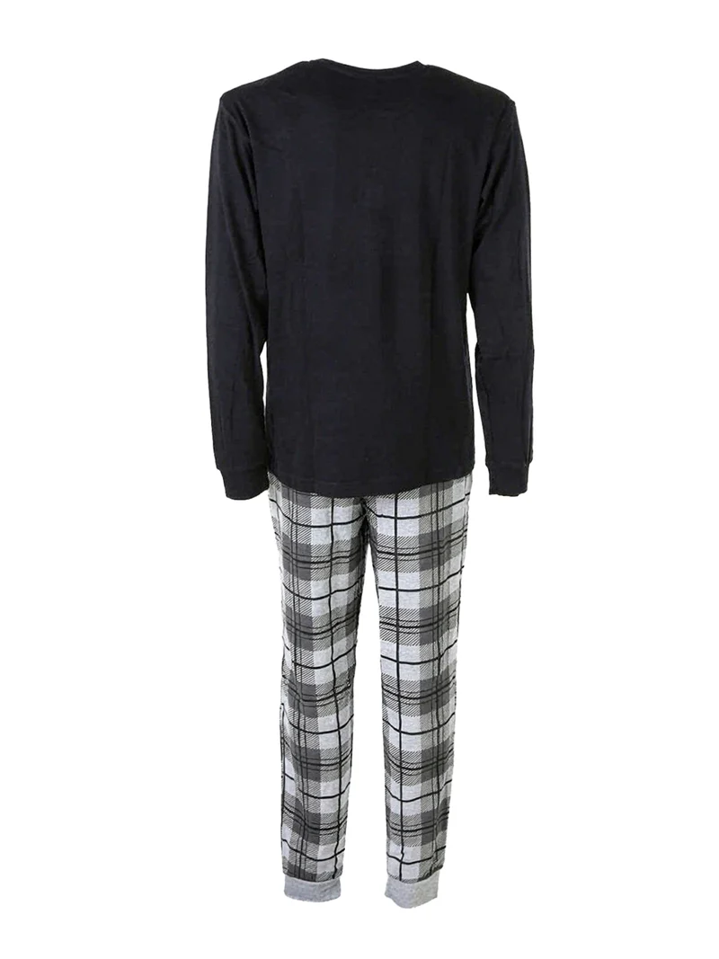 Pigiama lungo da uomo in cotone interlock con stampe - nero